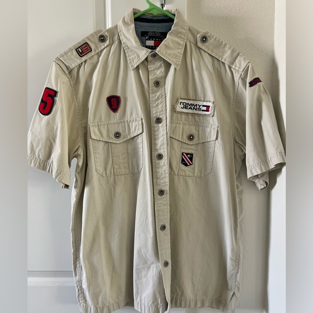 Vintage Tommy Jeans Beige Short Sleeve Shirt Military